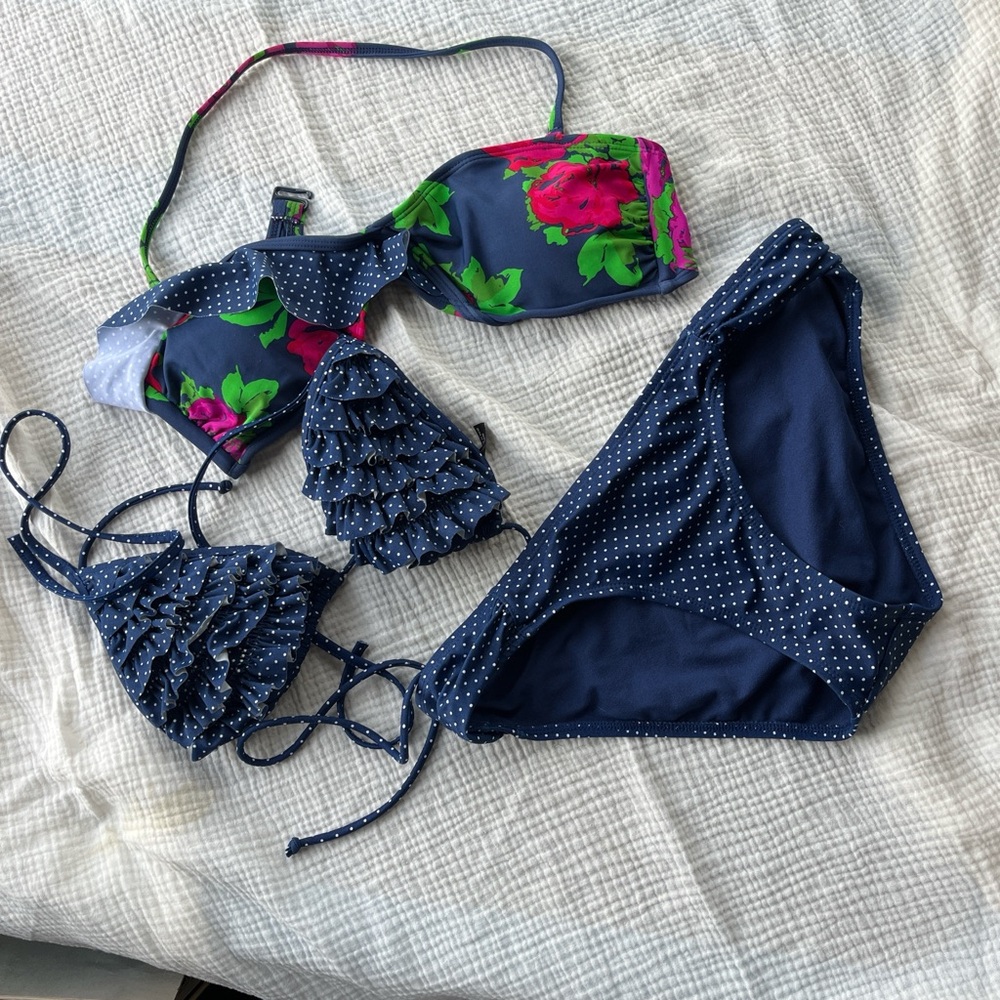 3 piece Navy blue bikini with pink floral, ruffle detail and polka dots